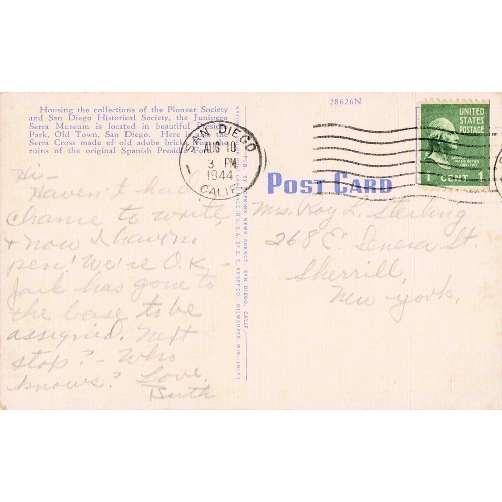 Vintage 1944 Junipero Serra Museum San Diego California Linen Postcard VG- - Picture 2 of 2